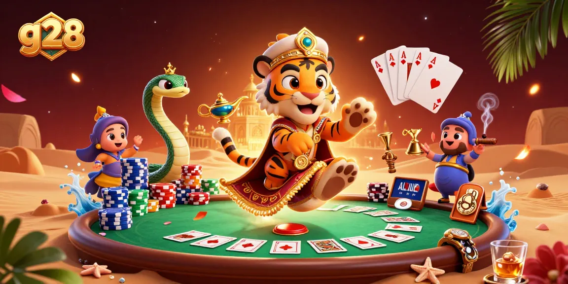 Experience gaming excitement with g28's Arabian Nights-themed sultan character amidst vibrant casino elements.