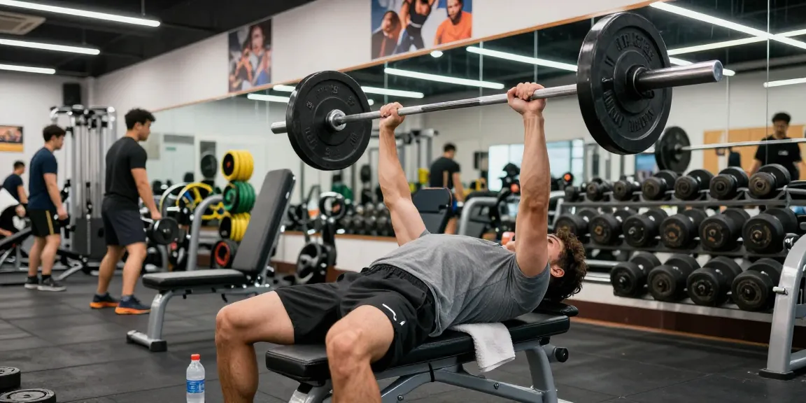 Utinon Steroids Shop: Athlet in modernem Fitnessstudio beim Bankdrücken für Muskelergebnisse.