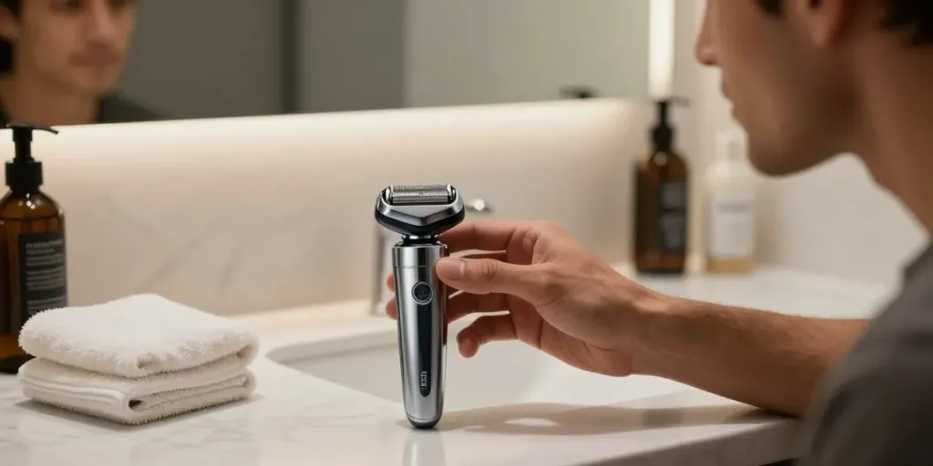 Hochwertiger Folienrasierer auf einem modernen Badezimmerwaschtisch, bereit für die Rasur.