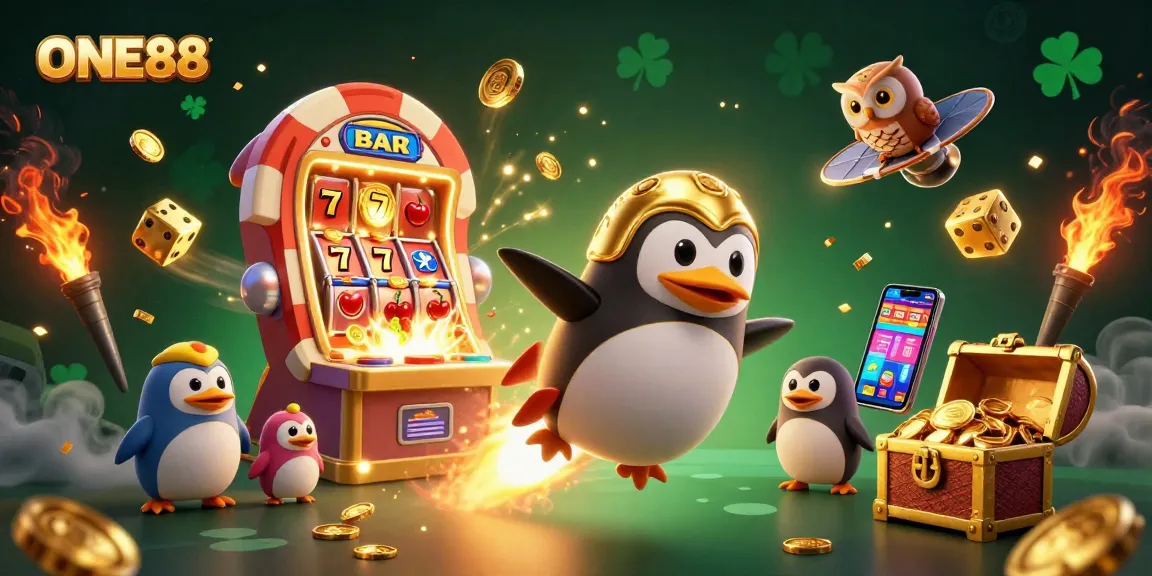 Experience the thrill of ONE88 with a 3D penguin soaring towards a jackpot-filled casino