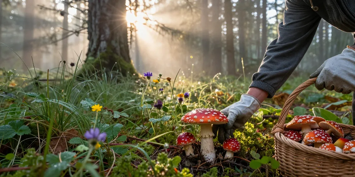Auf der Suche nach Fliegenpilz Pulver in einem malerischen Wald während des Sonnenaufgangs, umgeben von üppigem Grün.