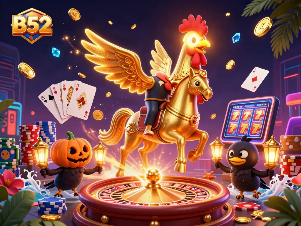 B52 illuminates the midnight casino scene with a golden rooster character and dynamic gambling elements.