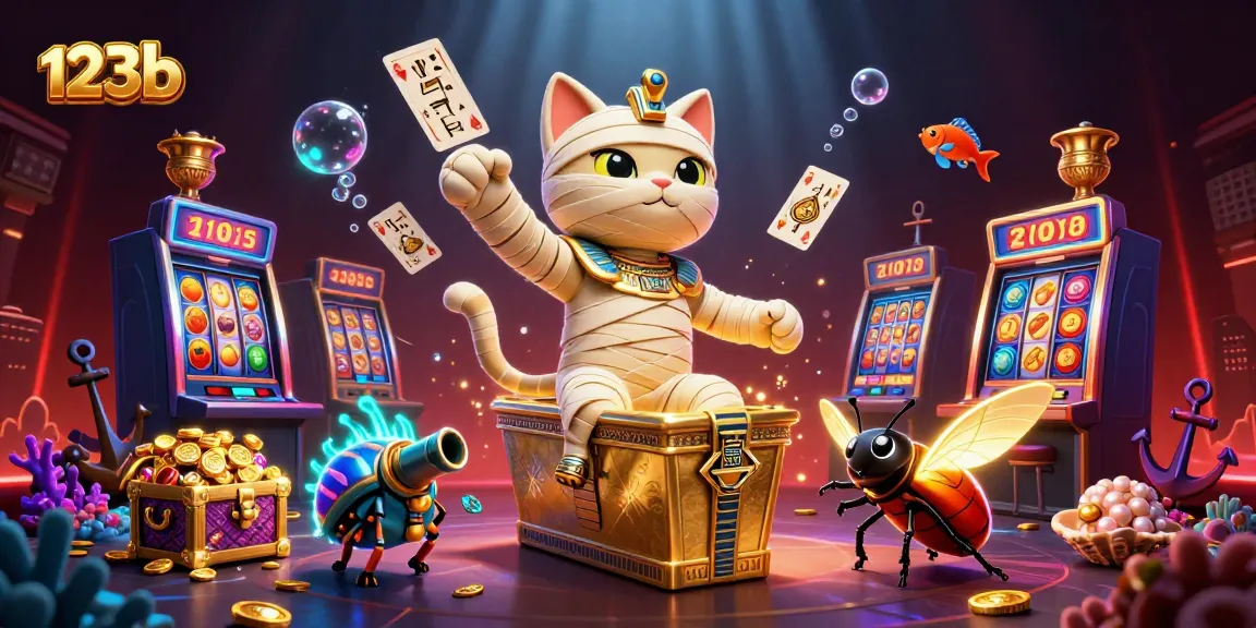 Experience thrilling 123b gameplay with a vibrant 3D casino scene featuring an Egyptian mummy cat.