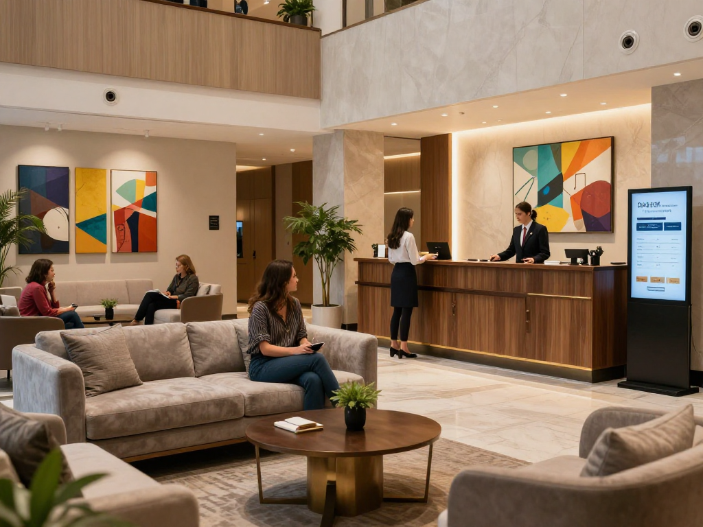 rokok88 login presented in a luxurious hotel lobby welcoming guests to Carter Hotel with modern decor.