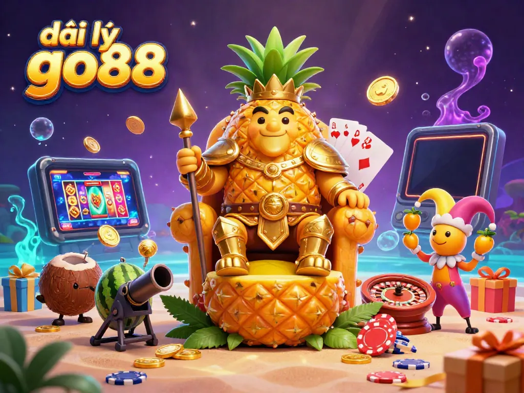Experience the vibrant and thrilling scene of đại lý go88 with the golden pineapple king in a casino atmosphere.