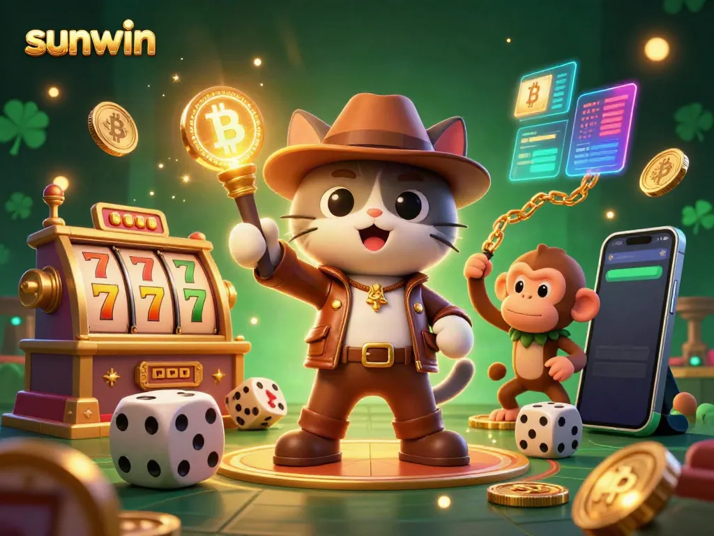 Experience thrilling gaming adventures with sunwin as a cartoon cat uncovers golden treasures in a vibrant casino temple.