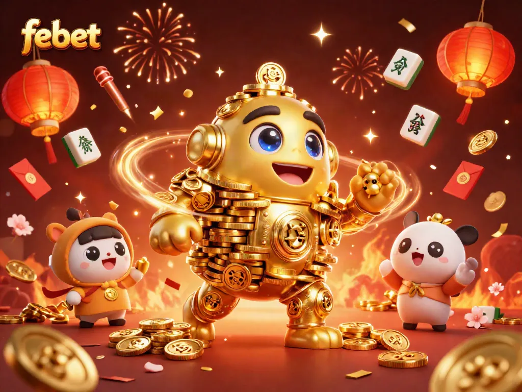 Experience the febet gaming world with dynamic scenes of celebration and rich casino elements.