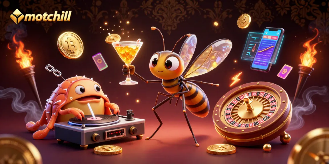 Engage with motchill in a vibrant casino scene featuring a unique frozen-in-amber mosquito mascot.