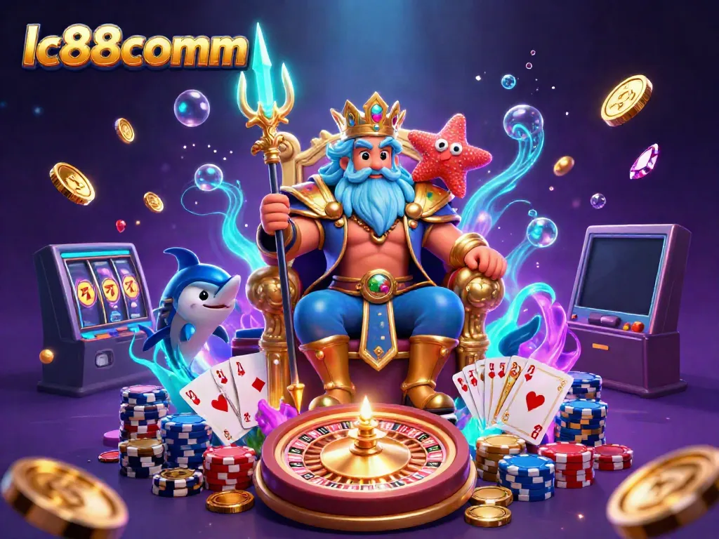 Experience the vibrant world of lc88comm with a whimsical scene featuring Neptune surrounded by casino elements.