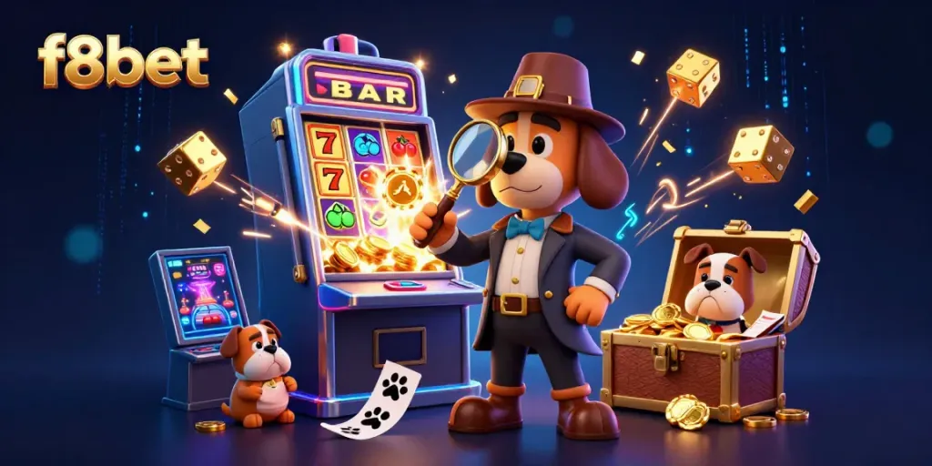 Play at f8bet with a detective bloodhound and bulldog discovering poker chips amidst casino-themed excitement.