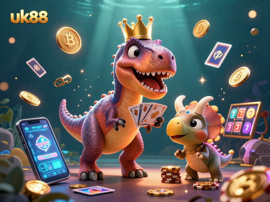 Join uk88's vibrant gaming scene with friendly characters, slot elements, and crypto coins.