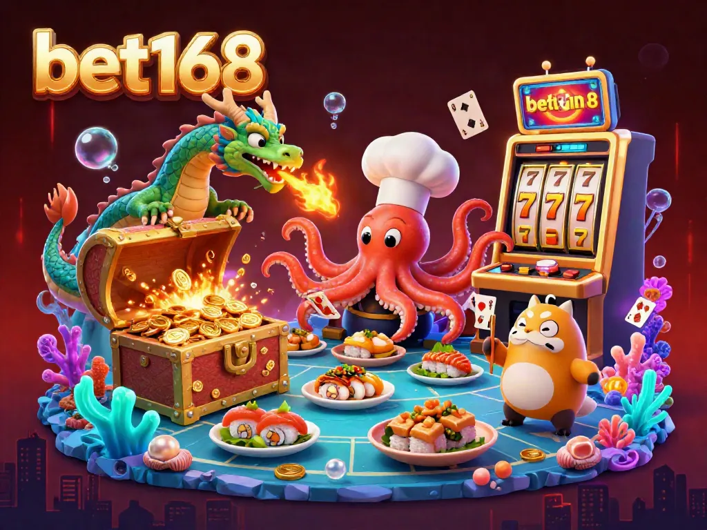 Experience thrilling gameplay at bet168 with a vibrant sushi chef octopus, dragon, and lucky tanuki in a colorful casino scene.