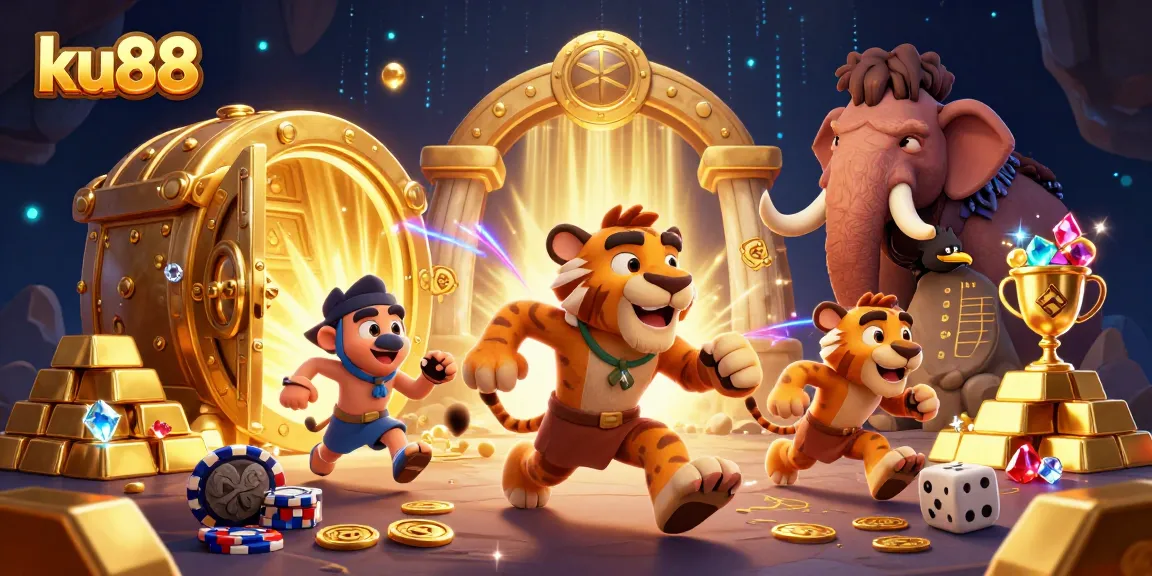 ku88 showcases a vibrant prehistoric casino scene with dynamic characters and elements of gambling excitement.