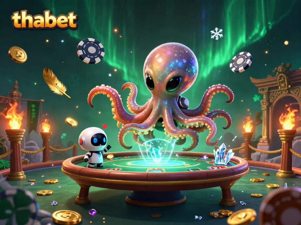 Engage and win at Thabet Casino with the alien octopus card dealer in an exciting poker scene.