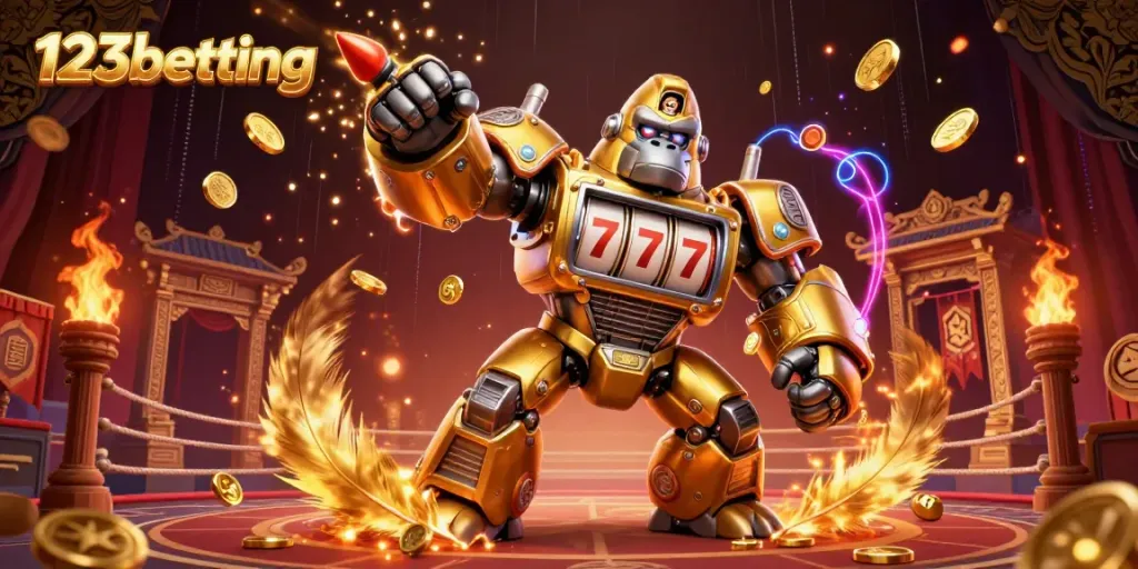 Experience the thrilling world of 123betting with a golden gorilla mech amidst vibrant casino action.