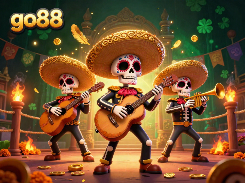 Experience thrilling gameplay with go88's vibrant 3D mariachi band illustration, showcasing energy and excitement.