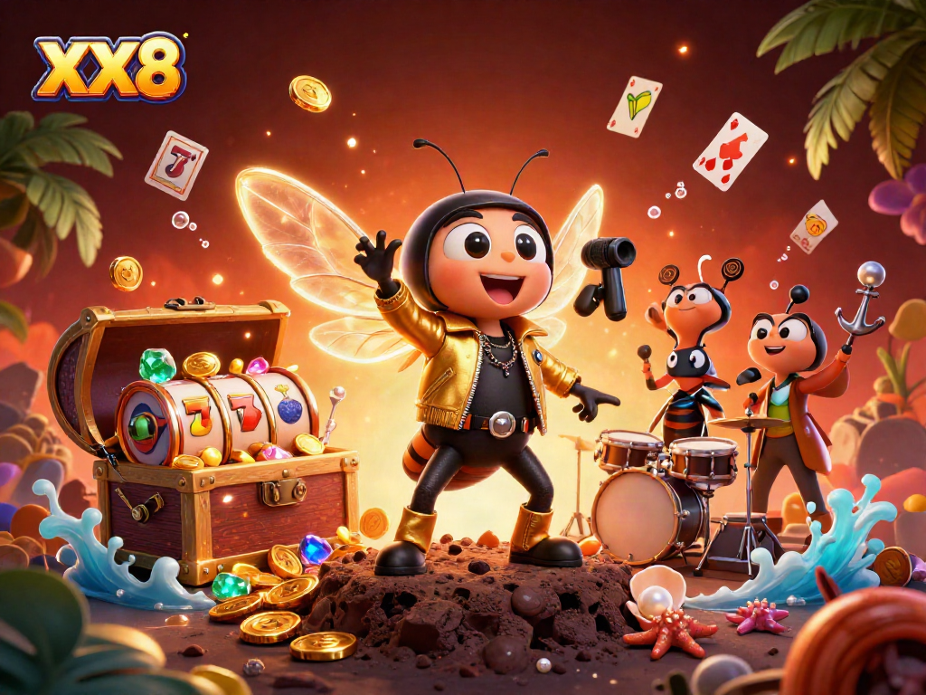 Spin the slots with XX8: A vibrant 3D casino scene showcasing a rock star cicada and colorful game elements.