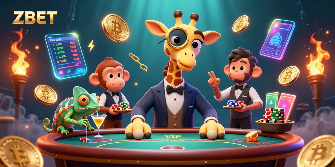 ZBET showcases a vibrant casino scene with a high-roller giraffe, monkey valet, and chameleon bartender in an engaging setting.