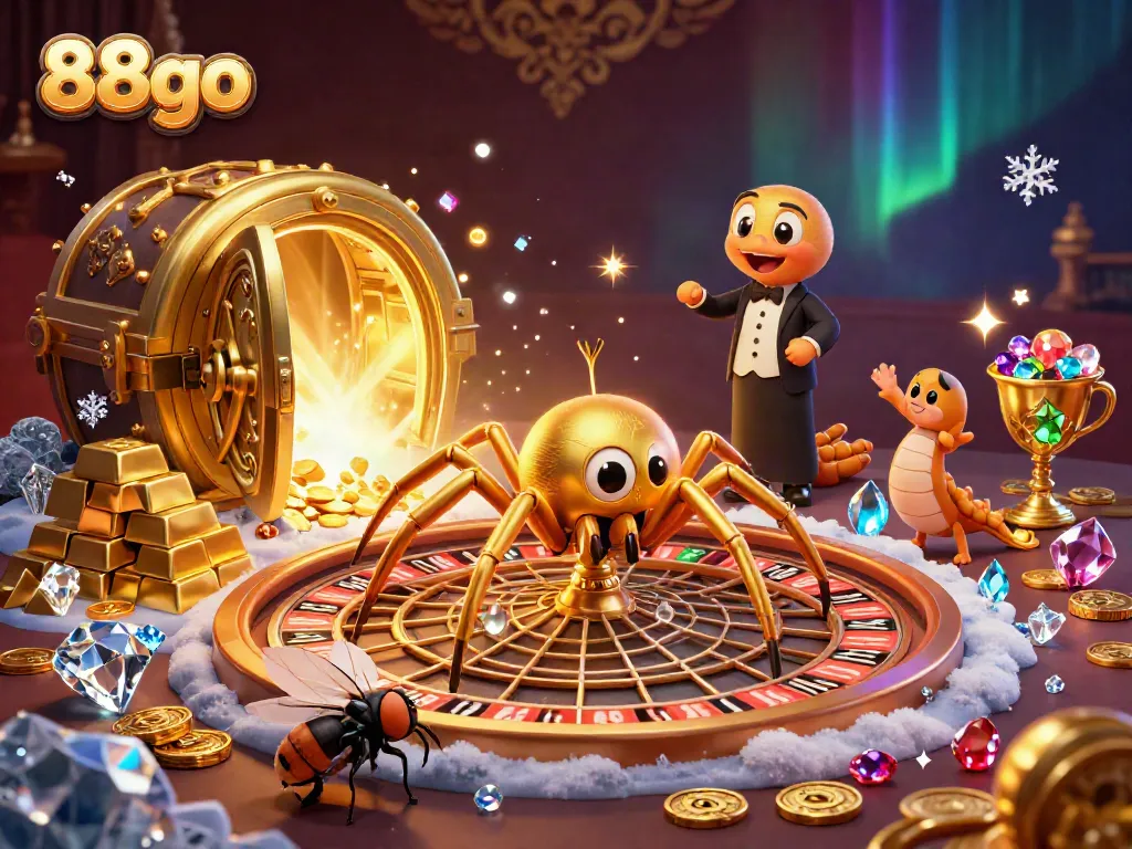 Engage in thrilling bets at 88go with a golden roulette scene featuring playful characters and rich casino elements.