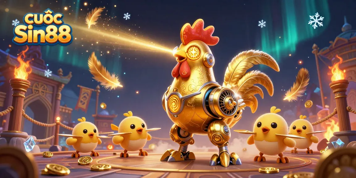 Engage in thrilling cược Sin88 action with vibrant 3D casino illustration of a golden rooster robot and baby chick drones.