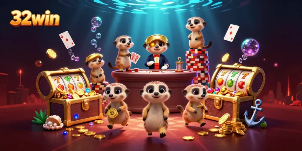 Engage with 32win's vibrant casino scene featuring meerkats managing games and treasures.
