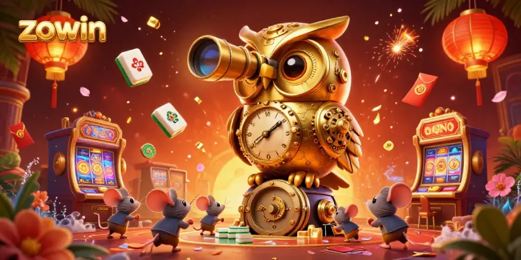 Experience the thrill of zowin with a vibrant, dynamic casino scene featuring a golden owl and lively game elements.