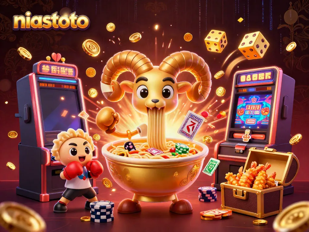 NIASTOTO's vibrant 3D scene showcases a giant ramen bowl with noodle tentacles and casino elements like slots and confetti.