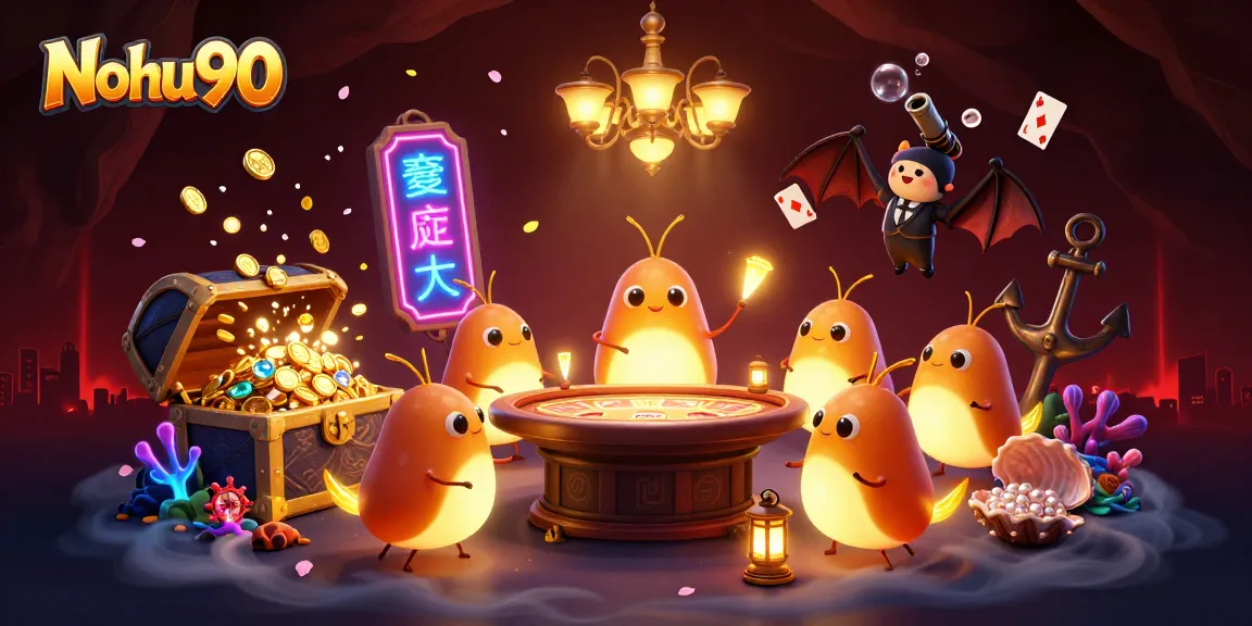 Nohu90 captivates players with a vibrant casino scene featuring glowing glowworms and a bat dealer.