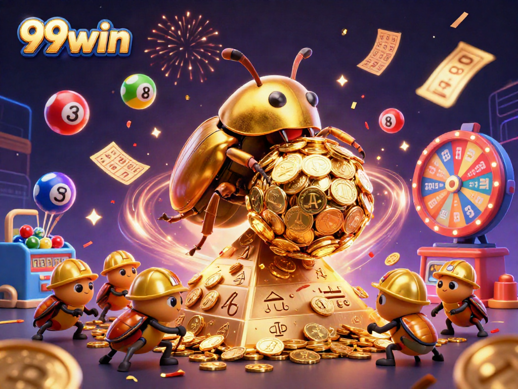 Roll in golden winnings with 99win's vibrant casino-inspired illustration packed with joy.
