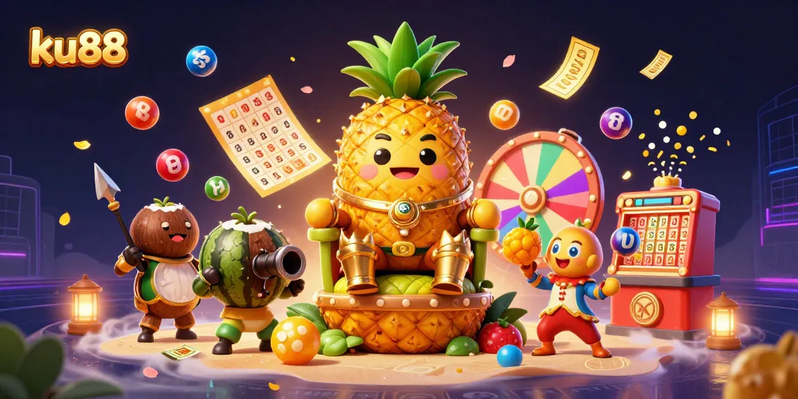 Engaging ku88 lottery-themed illustration with vibrant characters and dynamic casino elements.