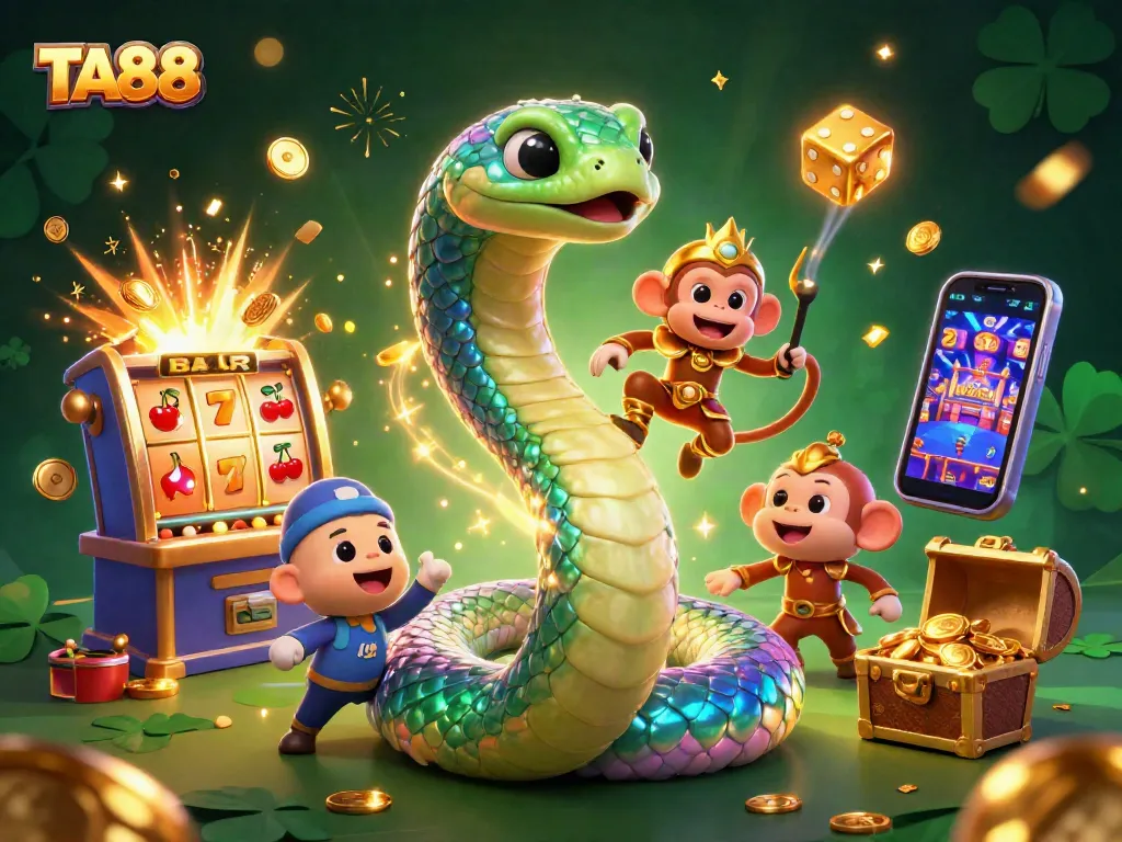 Experience TA88's vibrant casino world with a playful monkey king and rainbow serpent amidst jackpot treasures.
