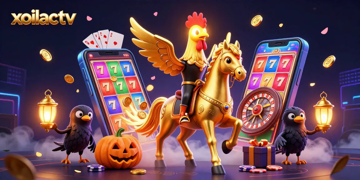 Xoilactv showcases an exhilarating casino scene with a golden rooster and interactive gaming elements