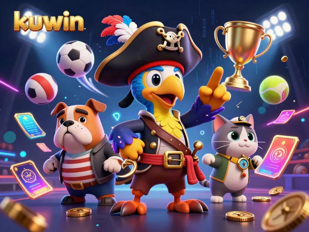 Kuwin-themed dynamic 3D scene with pirate captain parrot, bulldog, and cat, surrounded by sports betting elements.