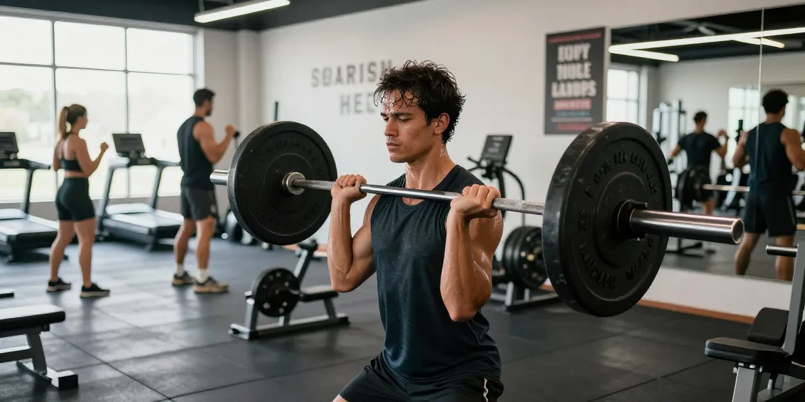 Im Anabolika Shop mit athletischem Körper beim Krafttraining in hellem Fitnessstudio.