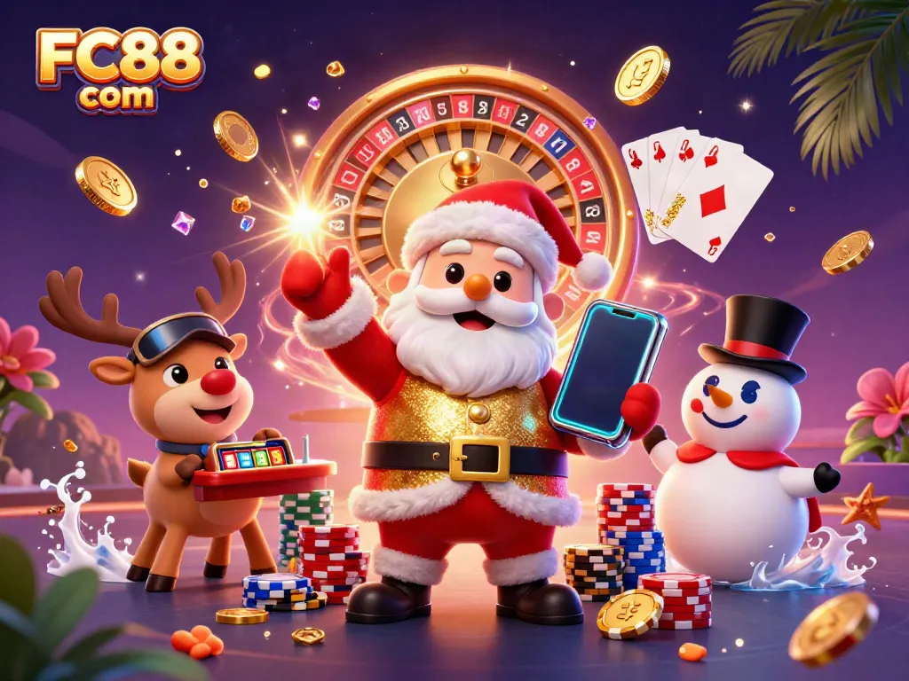 Experience the excitement of FC88 com with Santa, his reindeer, and a snowman enjoying casino games.
