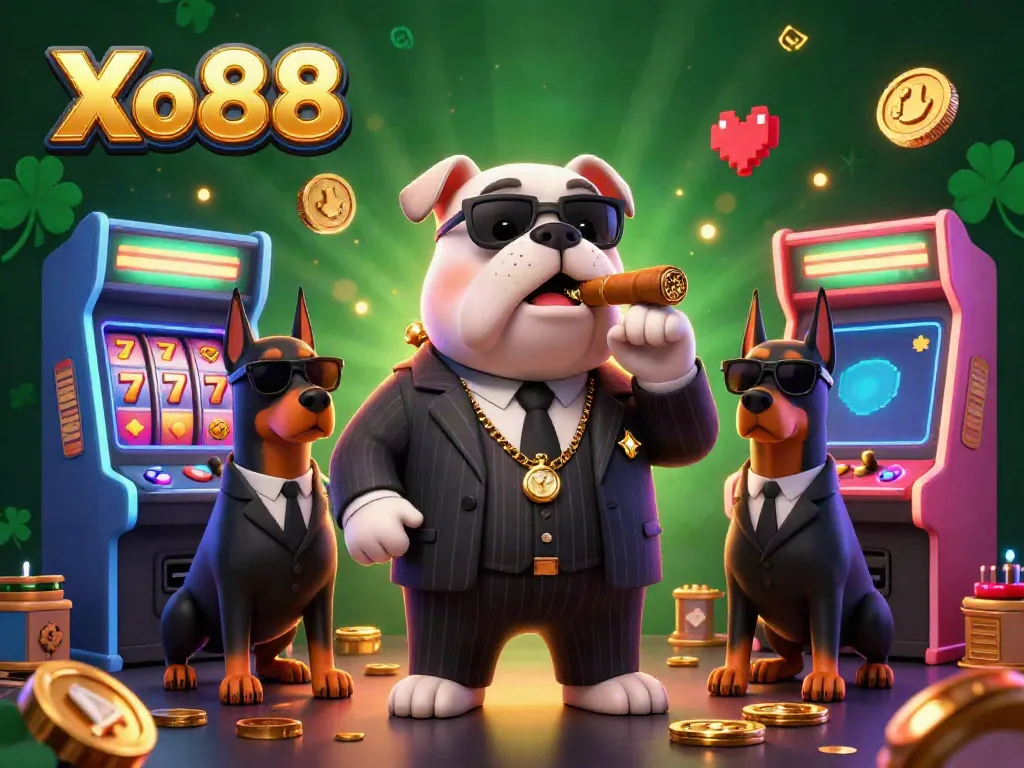 Experience thrilling wins with Xo88 in this vibrant casino-themed scene featuring a bulldog boss and rich game elements.