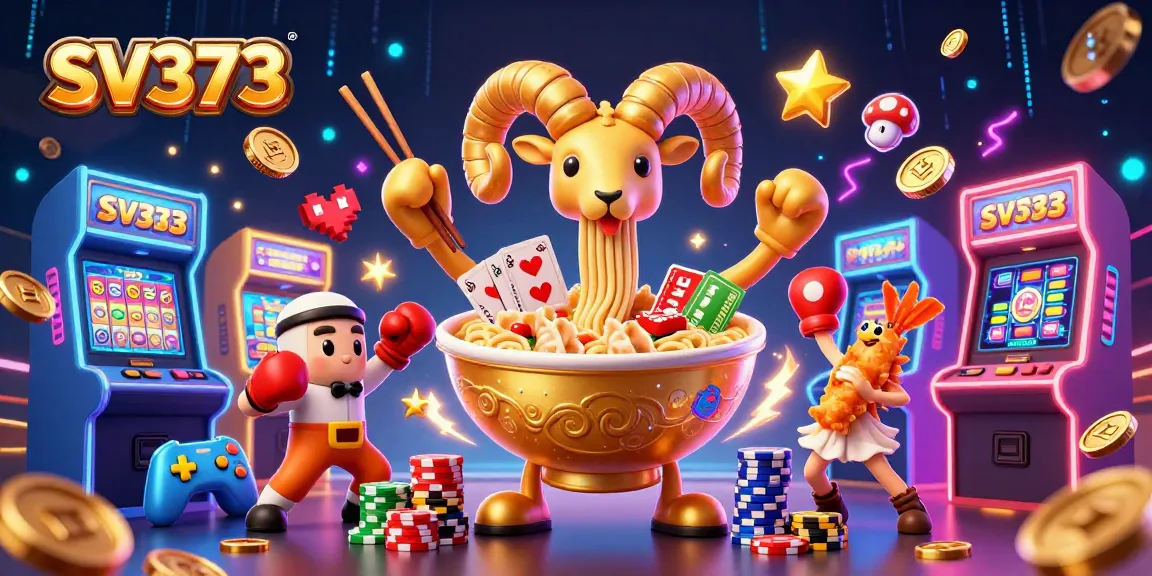 SV373 engages players with a vibrant casino scene featuring a golden ramen bowl dealer and dynamic game elements.