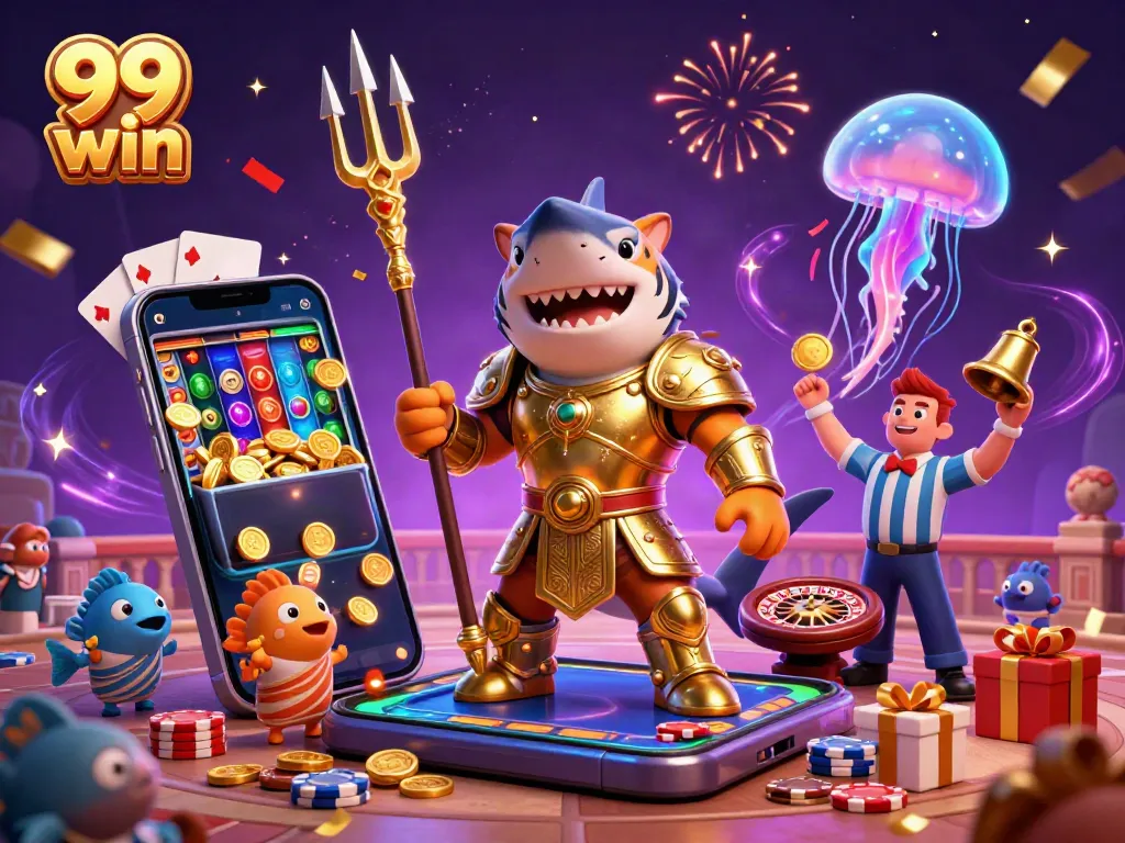Experience exciting gaming with 99 win in an underwater colosseum featuring a shark in armor.