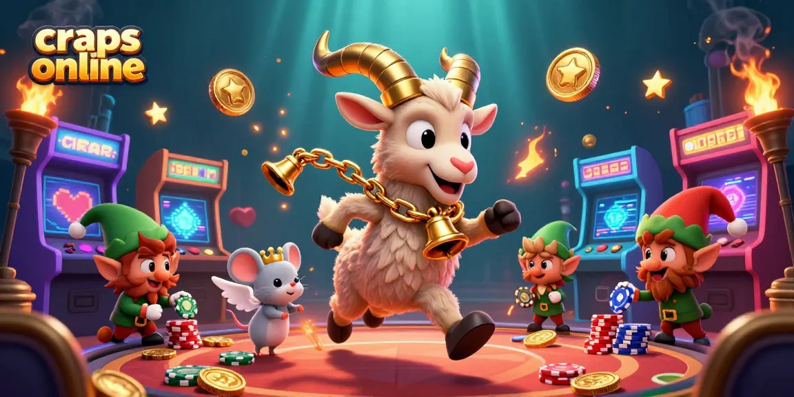 Experience the excitement of craps online with a vibrant casino scene featuring a Krampus goat and festive elements.
