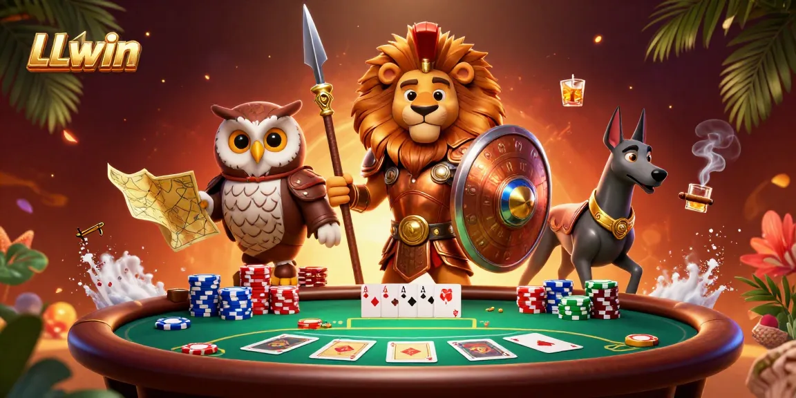 Experience the thrill of LLwin with a dynamic poker scene featuring a Spartan lion and a tactical owl strategist.