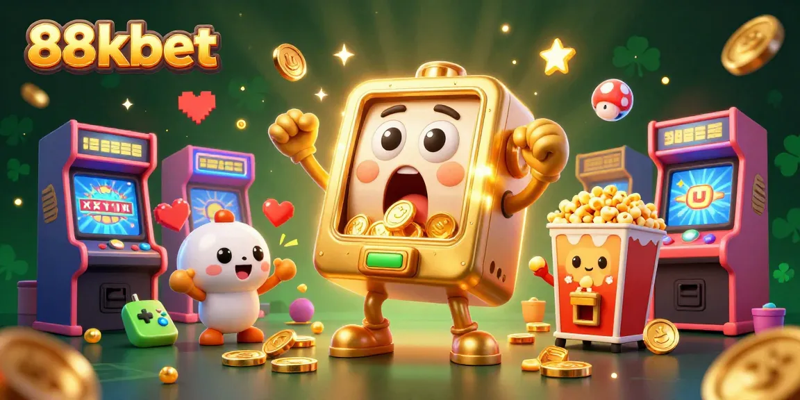 Watch as the 88kbet slot machine hits a jackpot with coins pouring out, surrounded by cheering mini slot machines.