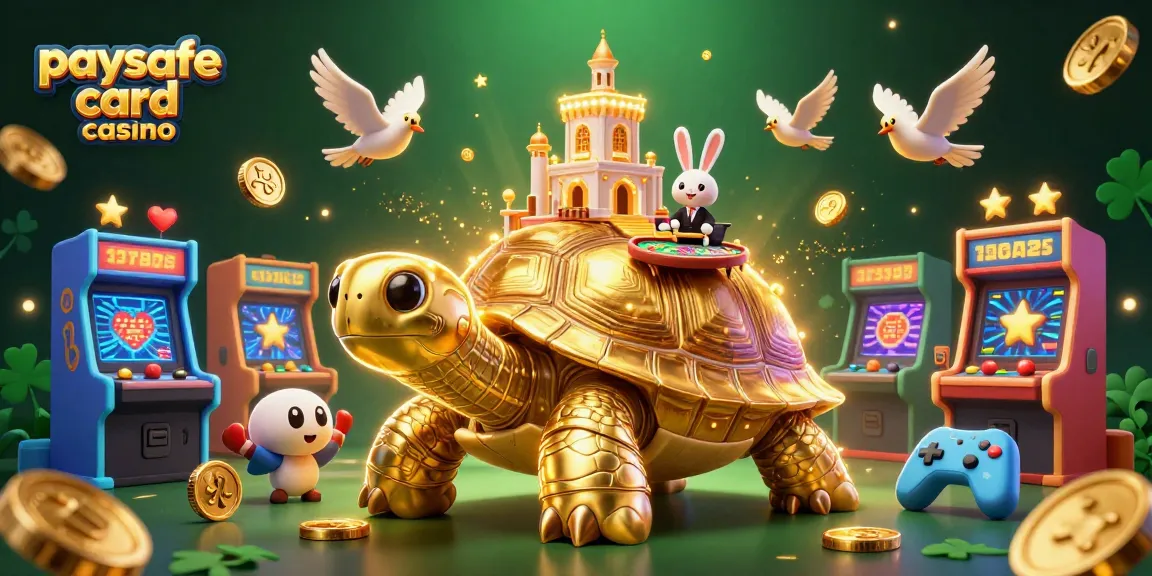 Fesselnde Szene, die Paysafe Card Casino-Charaktere mit lebendigen Elementen zeigt, darunter ein goldener Schildkröte und ein Hasen-Dealer.