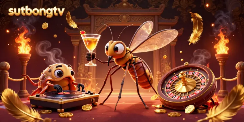 Sutbongtv alive in a casino-themed illustration with a mosquito mascot, trilobite DJ, and golden roulette wheel.