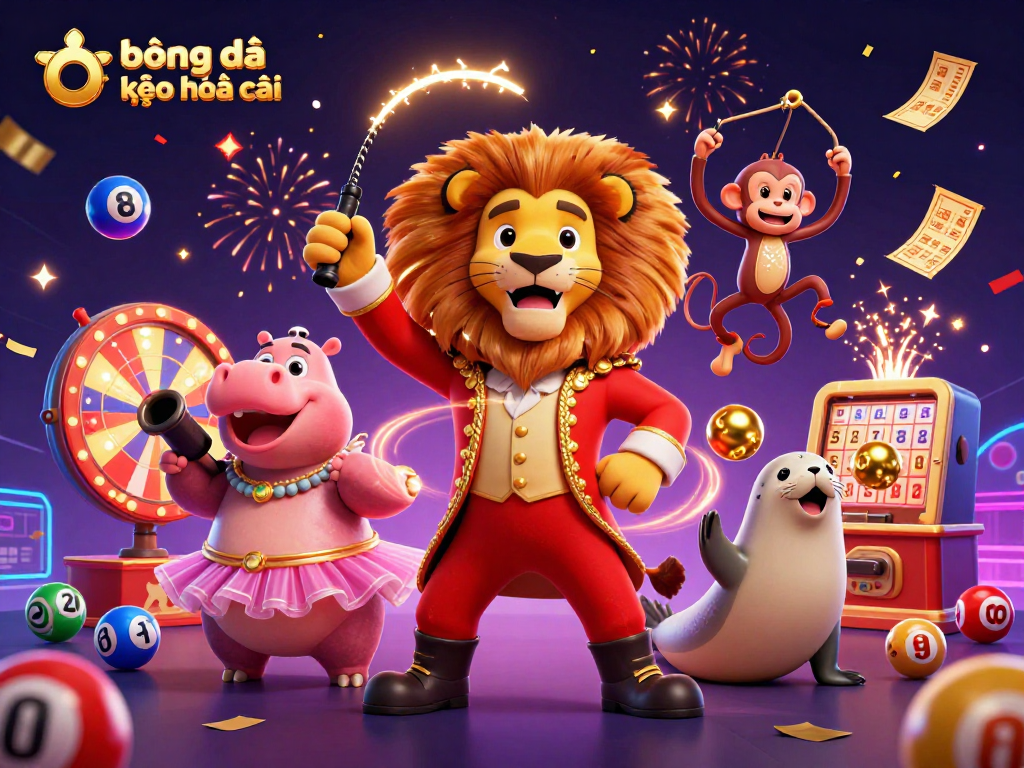 Engage with bóng đá kèo nhà cái as a lion ringmaster and circus characters celebrate vibrant sports betting.