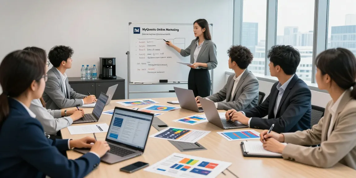 Teamzusammenarbeit in einem modernen Konferenzraum, fokussiert auf die MyQuests Online-Marketing-Strategiesitzung, die Analysen und Engagement zeigt.