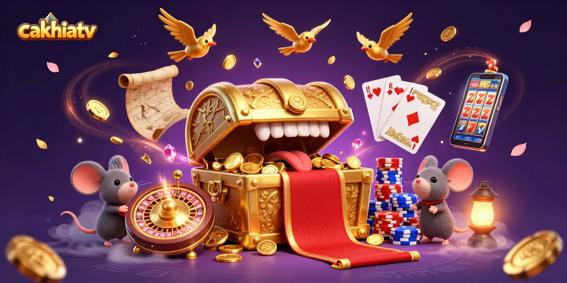 CakhiaTV showcases daring adventure with animated treasure chest and casino elements.