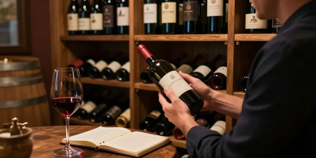 Weinkeller Temperatur optimieren mit einer sorgfältig organisierten Sammlung und einer Flasche Rotwein in einem gemütlichen Ambiente.