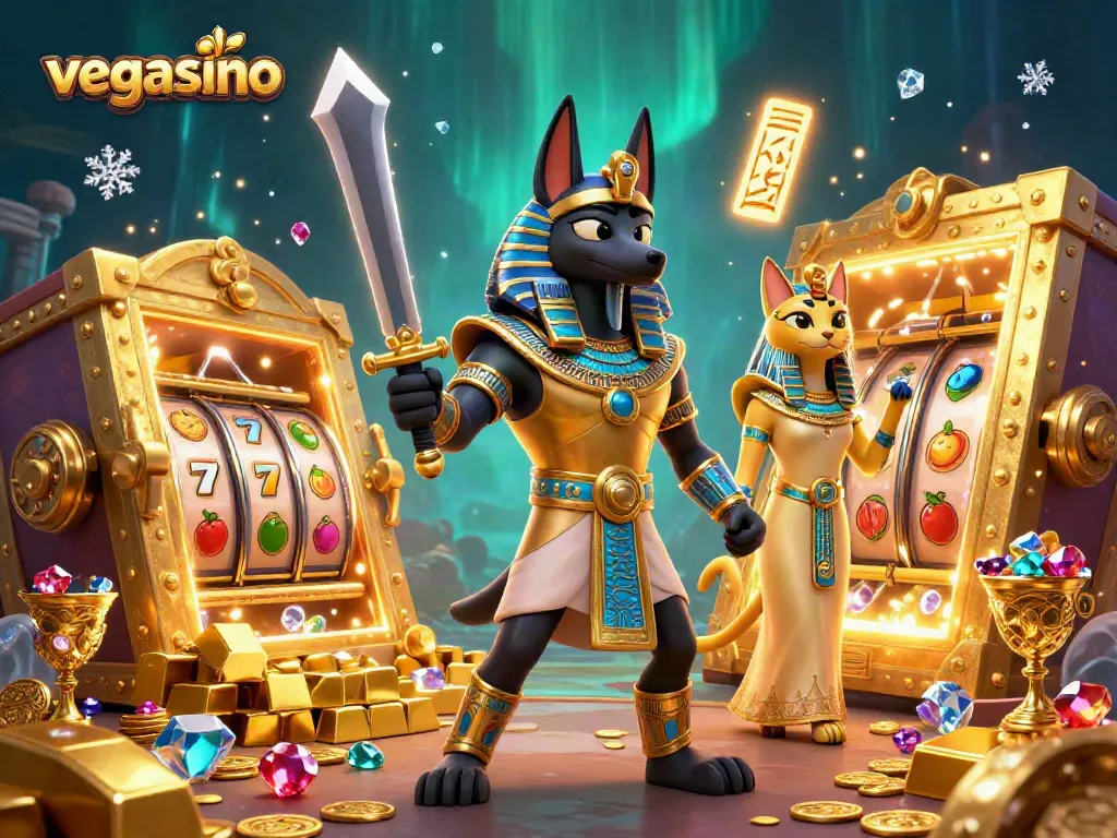 Engage with the immersive vegasino casino experience featuring Anubis and Bastet in a vibrant gaming scene.