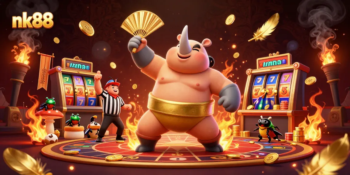 Engage in thrilling nk88 casino action with a beetle sumo champion surrounded by slot machines.