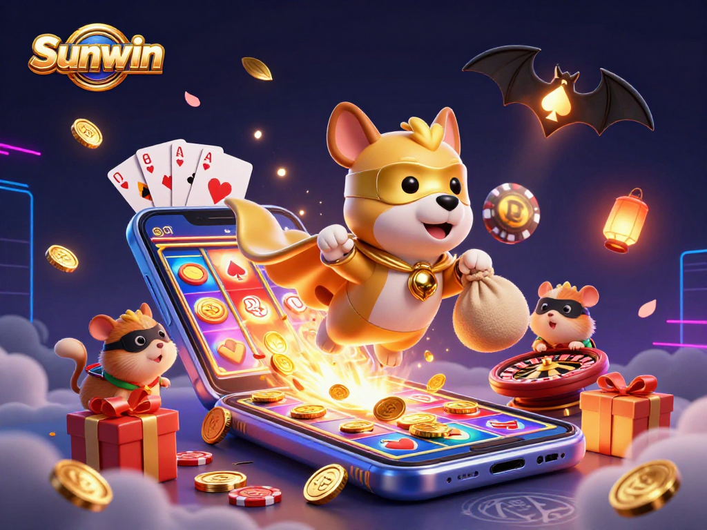 Experience winning chances with Sunwin's dynamic casino world, featuring a cartoon superhero dog and exciting games.